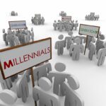 Generation X, Y and Millenials gathered around signs to illustrate networks or audiences of young people in a demographic market or customer base